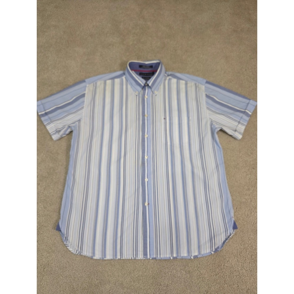 Tommy Hilfiger Mens Short Sleeve Button Down Shirt Blue White Striped 80s 2-Ply